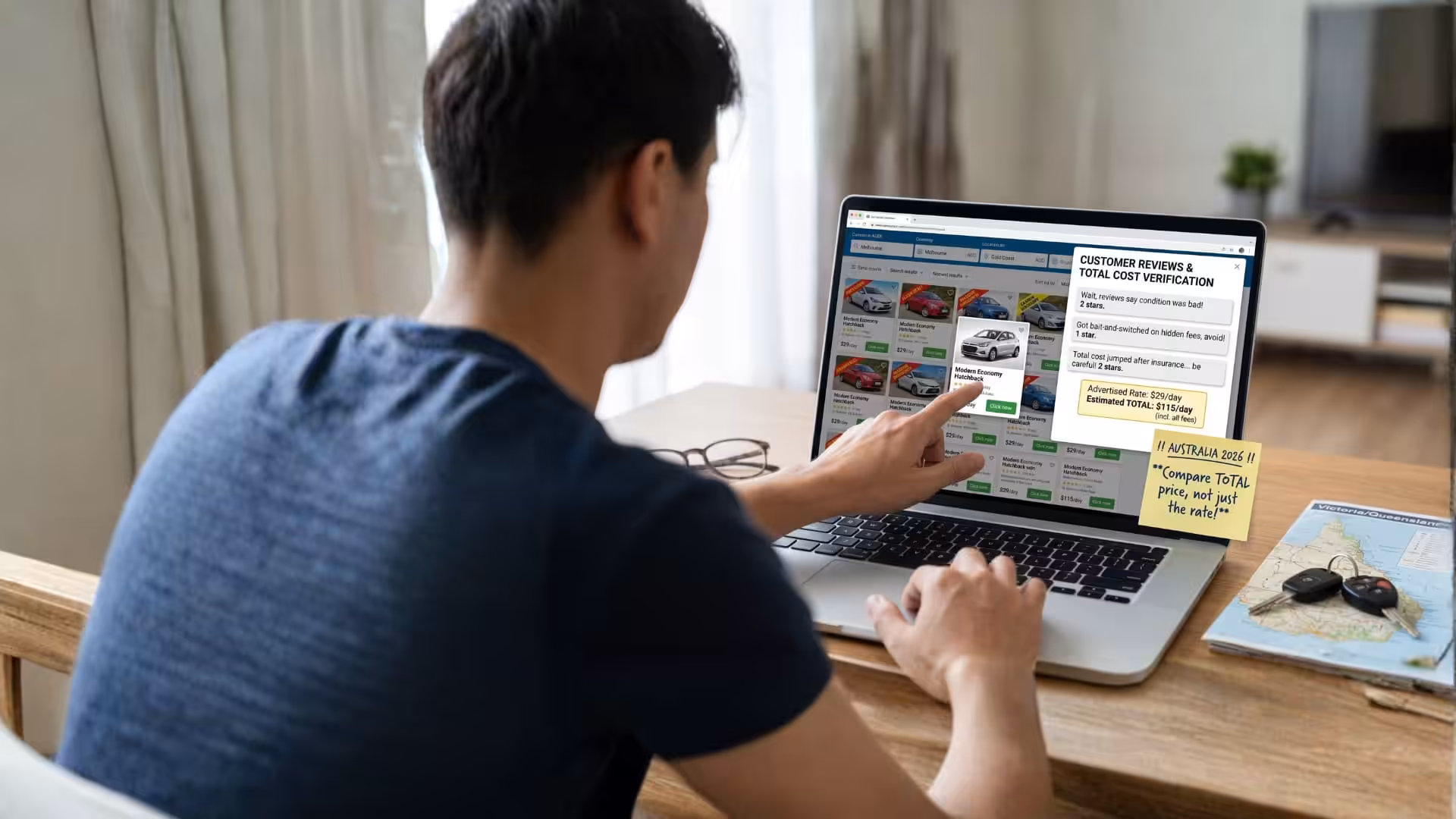 A traveler comparing online budget car rentals in Australia, verifying reviews and total costs to ensure quality hire without hidden fees.