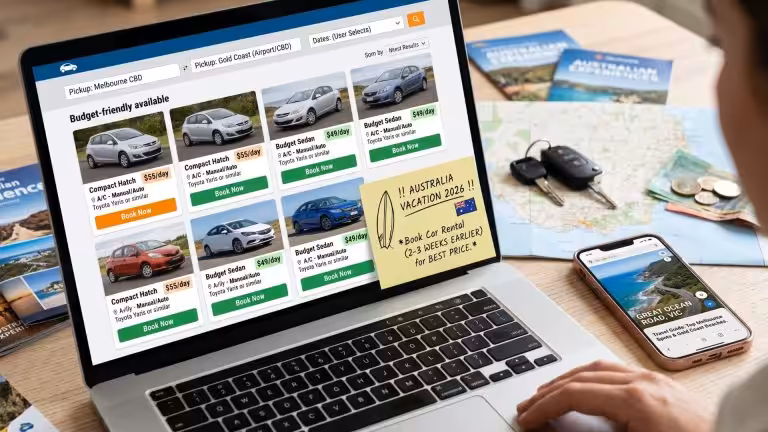 A traveler using a laptop and smartphone to find the best deals on budget car rentals in Australia, highlighting a 2026 Edition guide on how to beat rising travel costs.