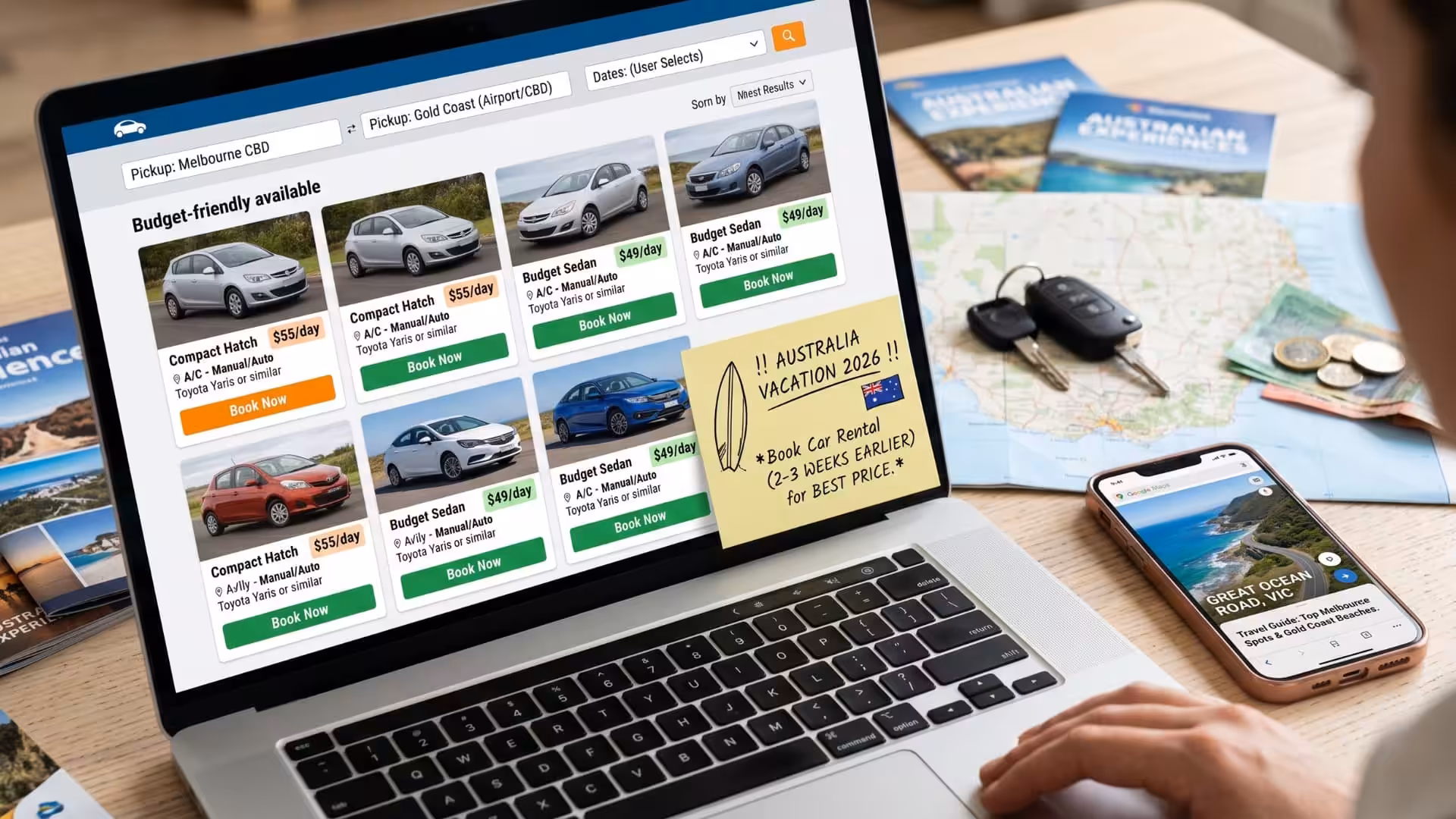 A traveler using a laptop and smartphone to find the best deals on budget car rentals in Australia, highlighting a 2026 Edition guide on how to beat rising travel costs.