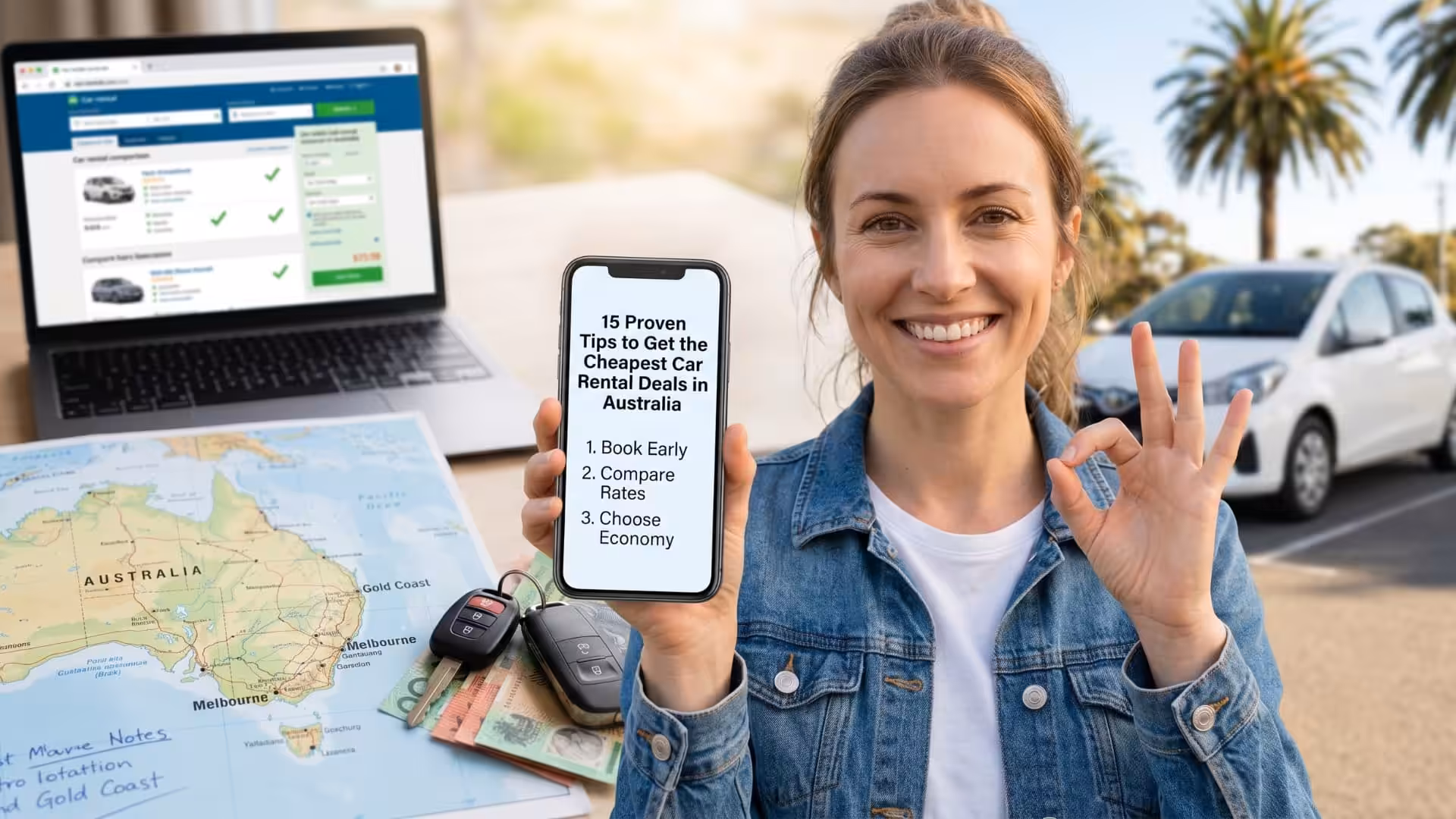 A traveler reviewing an itinerary log beside a map to check competitive car hire rates. This visual anchors the Cheaper Car Rentals guide outlining 15 proven tips to find affordable vehicle deals in Australia.