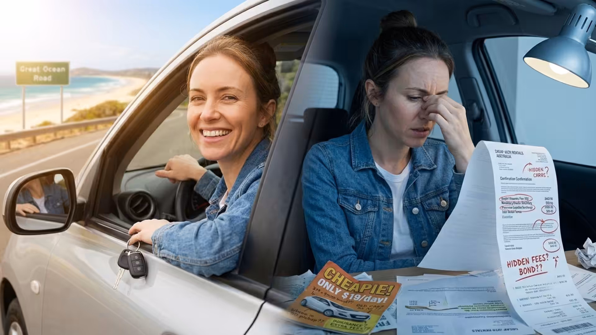 A split image contrasting a happy driver enjoying an open road trip with a frustrated traveler reviewing hidden fees on an invoice. This visual highlights the pros and cons of booking cheaper car rental services in Australia.