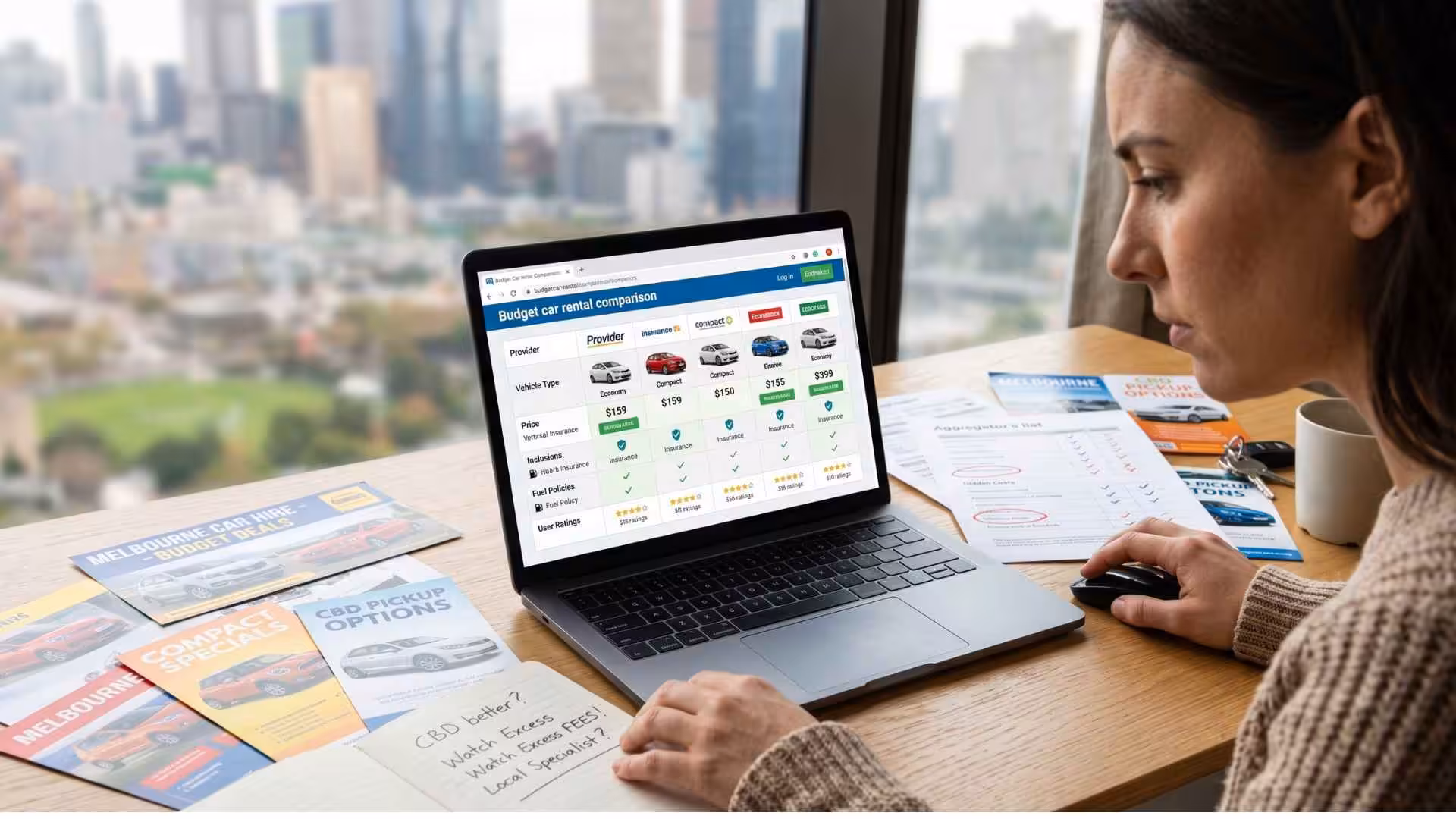 A close-up of a woman selecting an economy vehicle from an online price comparison table on her computer. She is actively researching top budget choices to secure a cheap car rental for her upcoming trip.
