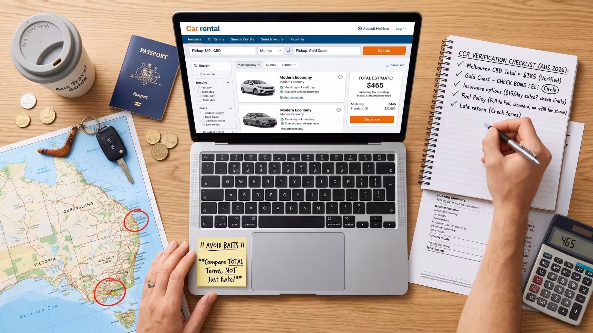 A traveler calculating total costs on a workspace map to secure cheap auto rentals in Australia without hidden fees.
