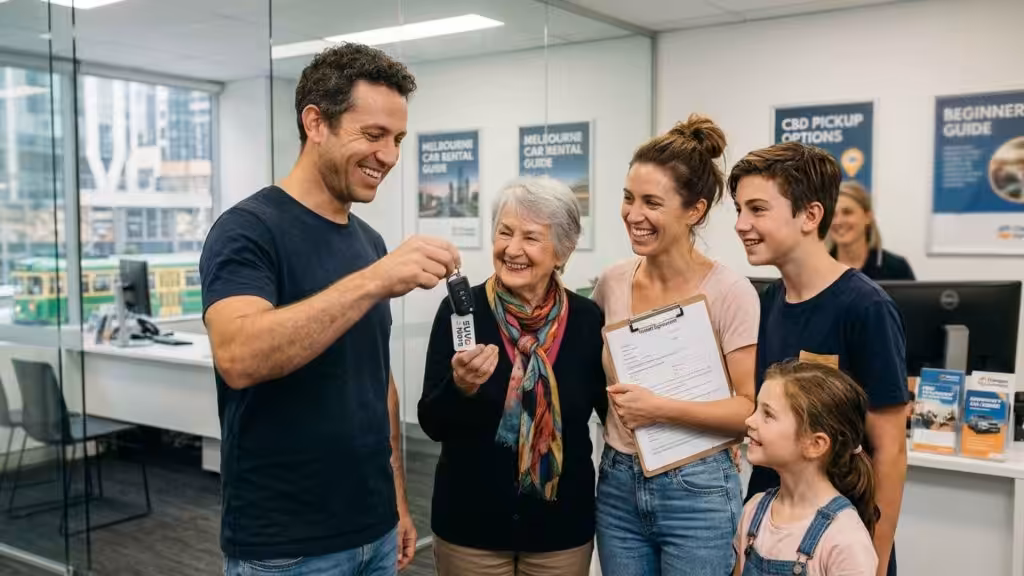 A happy family and an elderly woman smile as a man hands over the keys to their budget vehicle at a counter. This seamless pickup experience makes it simple for beginners renting a car in the Melbourne CBD.