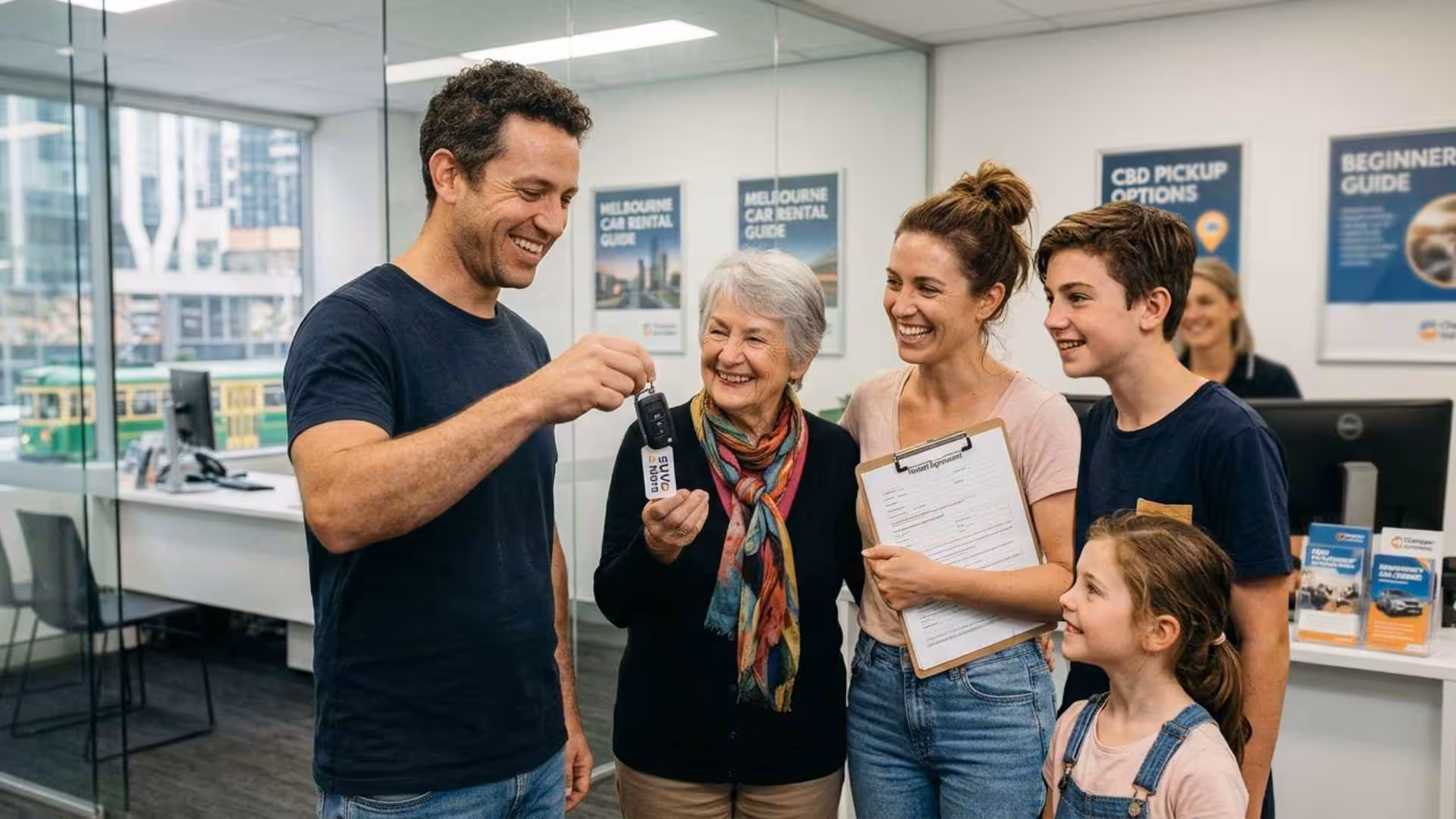 A happy family and an elderly woman smile as a man hands over the keys to their budget vehicle at a counter. This seamless pickup experience makes it simple for beginners renting a car in the Melbourne CBD.