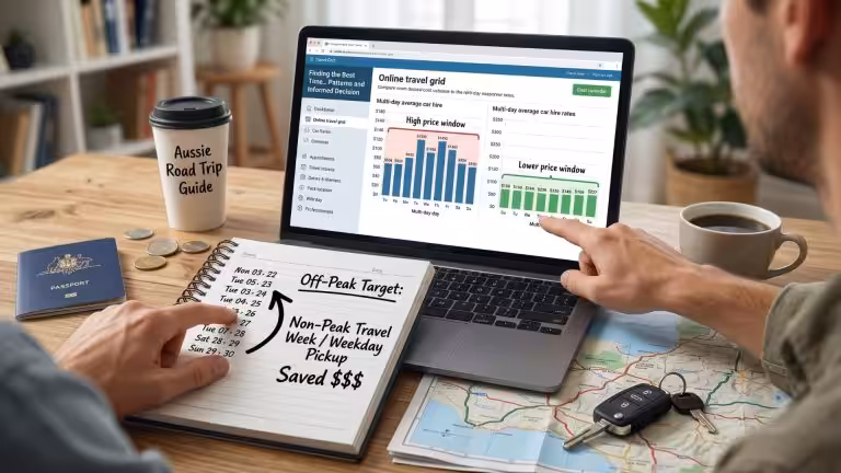 A traveler optimizing vacation dates on an online travel grid alongside a physical itinerary notebook. This visual guides readers on discovering the Best Time to Book a reliable, cheaper car rental in Australia to avoid peak pricing surges.