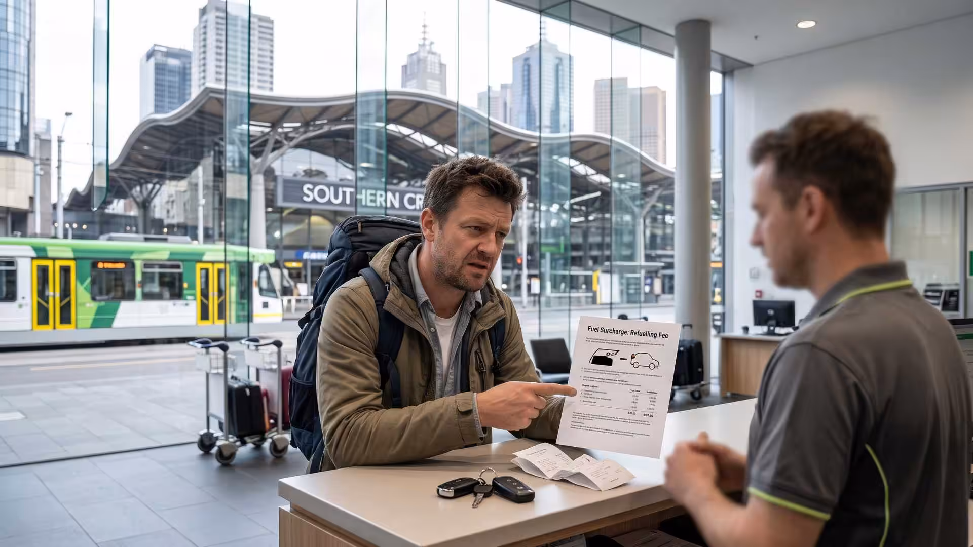 A customer discussing rental terms to ensure there are no surprise fees added to their bill. We help you avoid costly mistakes for a smoother, cheaper trip.