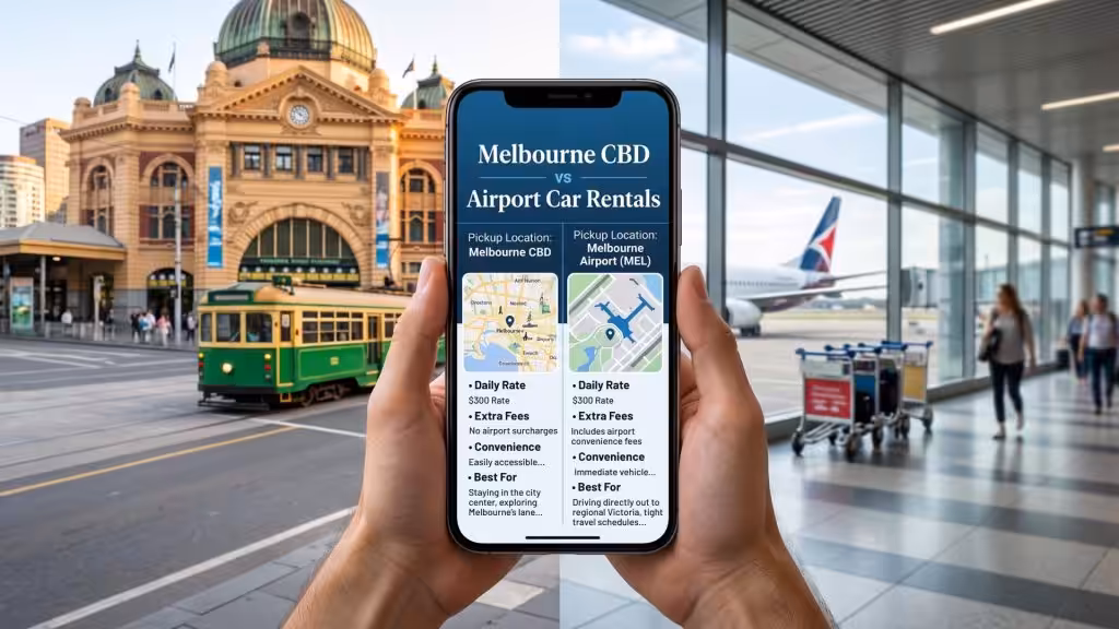 Comparing rental rates between Melbourne CBD and the airport on a smartphone app. Choosing the right pickup location is a simple way to find cheaper car rental options.