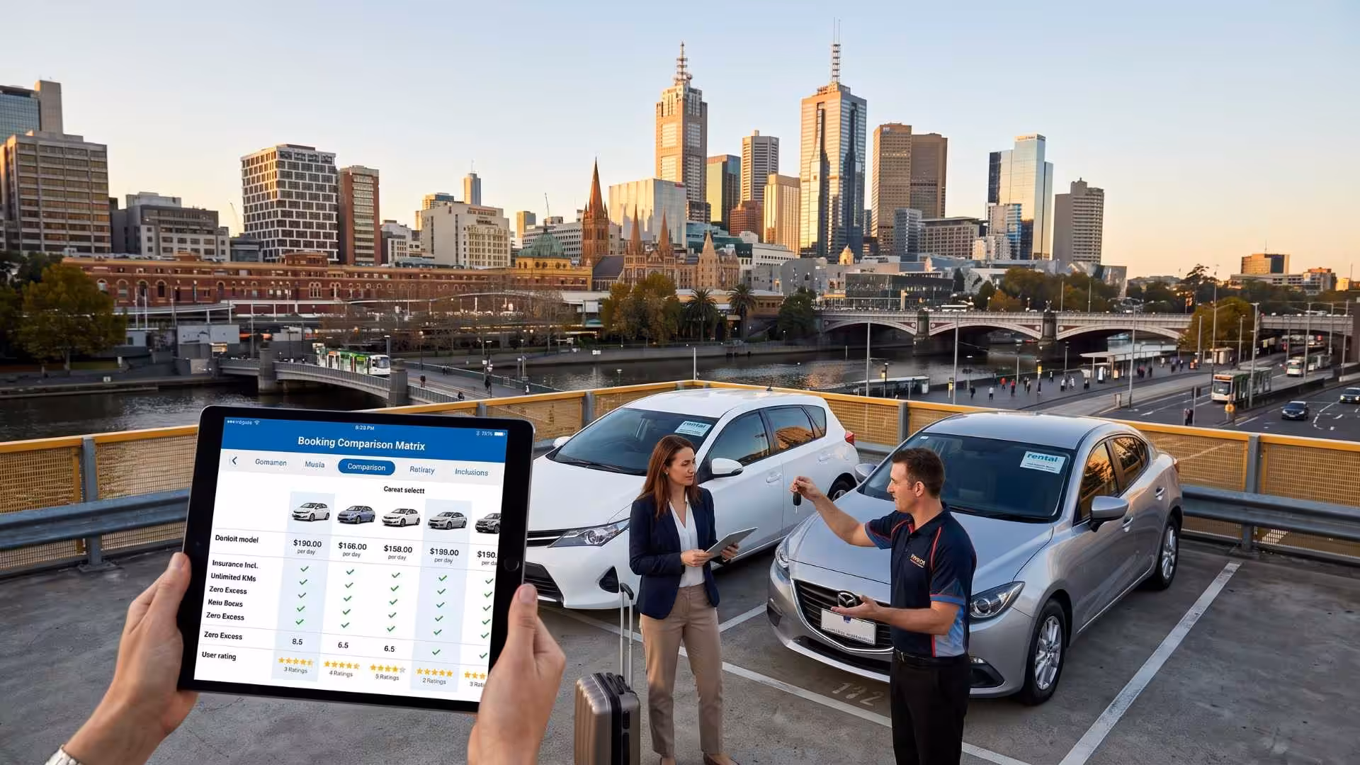A rental representative hands car keys to a customer next to a white and a silver sedan on a rooftop overlooking the city. A digital comparison screen highlights where to find high-quality, cheap car rentals in the Melbourne CBD.