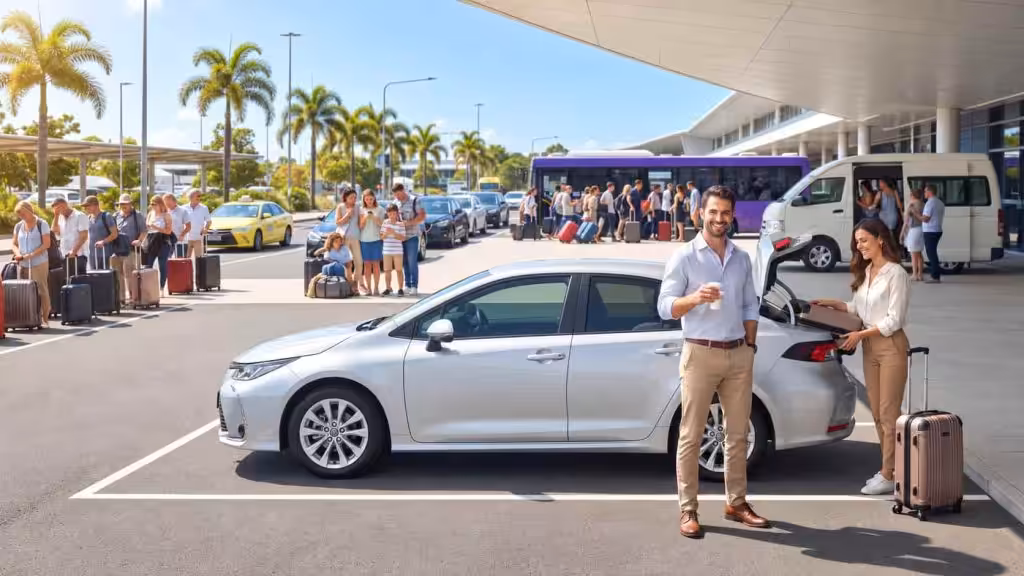 Travellers collecting a rental car at Gold Coast Airport for a trip to Surfers Paradise.