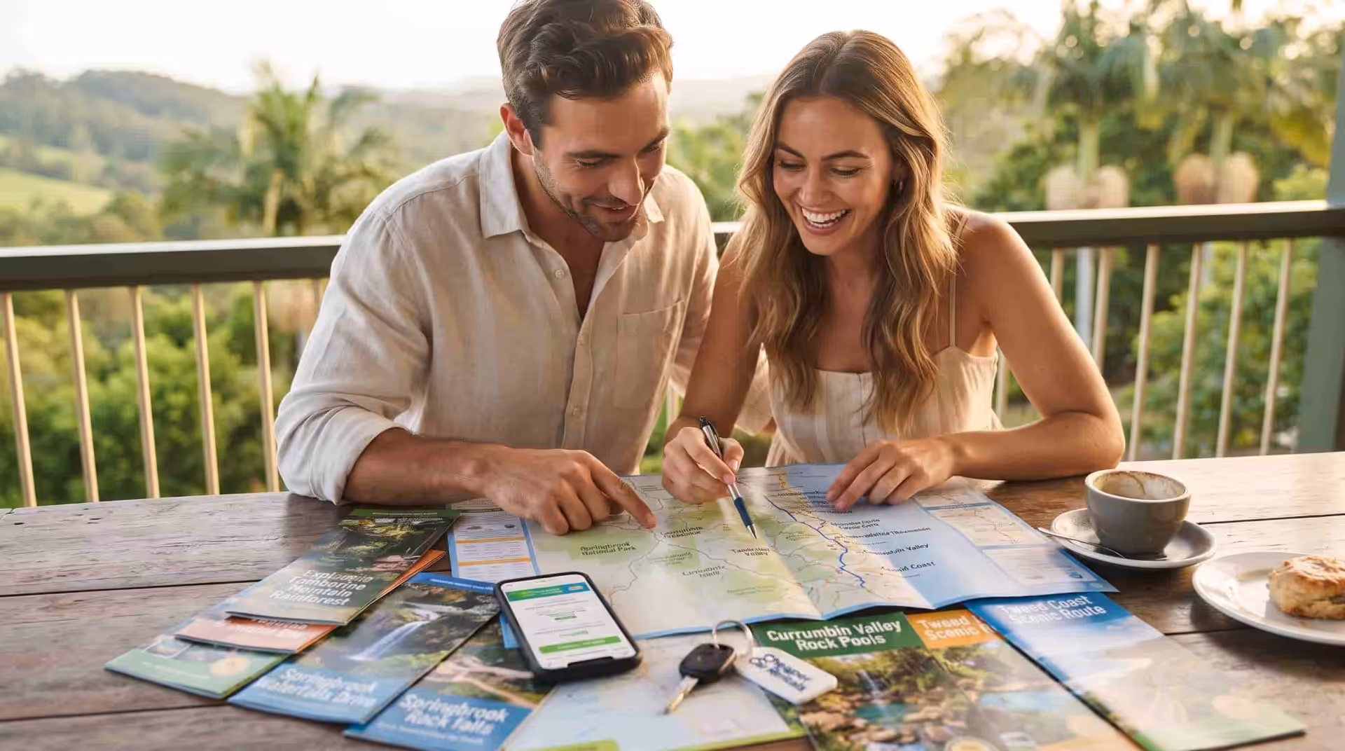 Couple planning a Gold Coast road trip with maps and travel guides before a day trip.