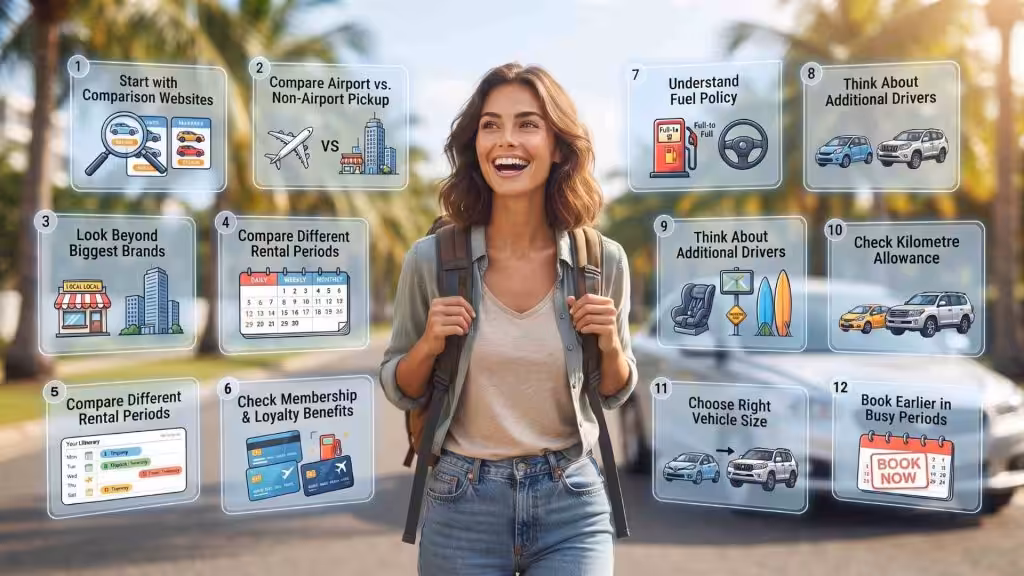 Traveler planning a budget trip with 12 essential tips for getting cheap car rentals and saving money on Gold Coast car hire.