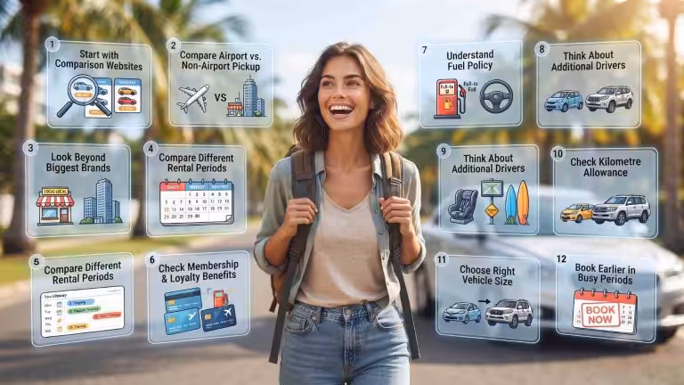 Traveler planning a budget trip with 12 essential tips for getting cheap car rentals and saving money on Gold Coast car hire.