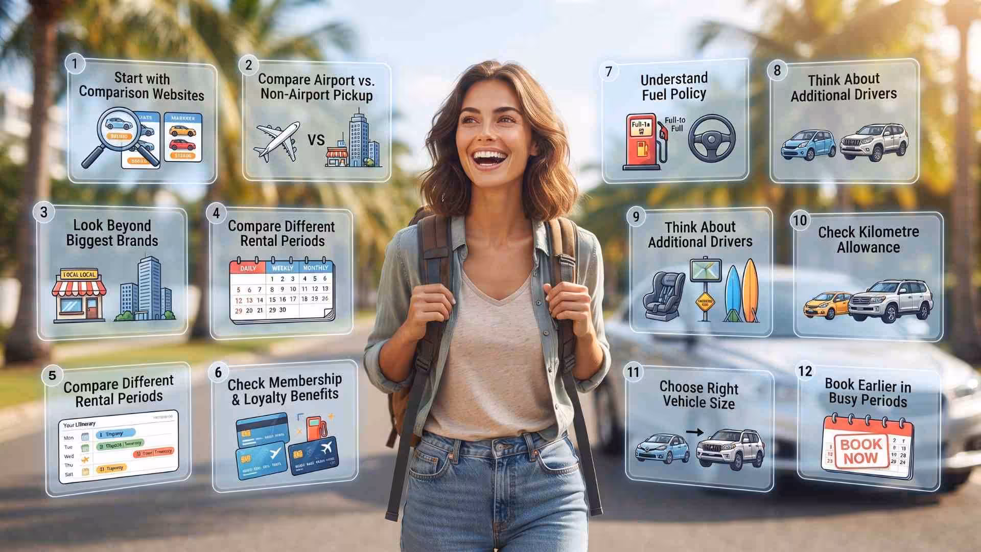 Traveler planning a budget trip with 12 essential tips for getting cheap car rentals and saving money on Gold Coast car hire.